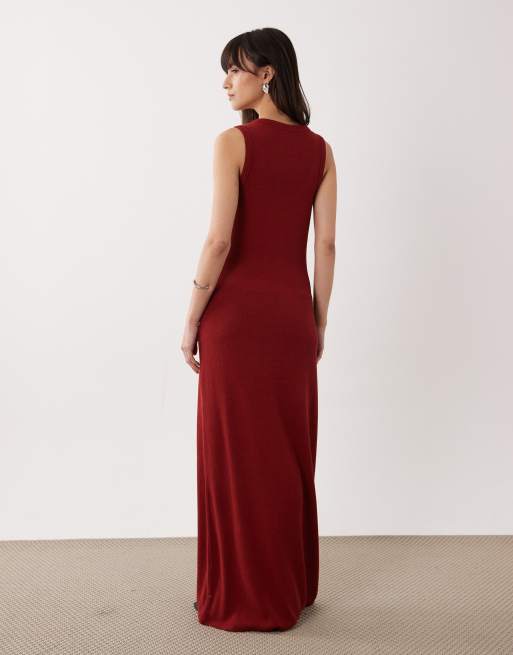 ASOS DESIGN – Maxikleid aus leichtem Bouclé in Rostrot mit U-Ausschnitt, 4 von 4
