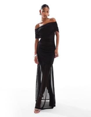 ASOS DESIGN - Maxikleid aus Materialmix in Schwarz mit Carmen-Ausschnitt und weitem Rock