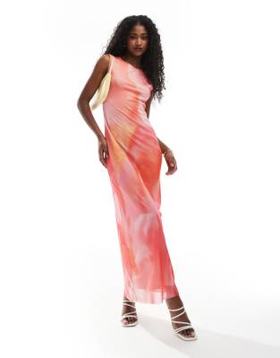 ASOS DESIGN - Maxikleid aus mehrfarbigem Netzstoff mit Blumenprint und U-Boot-Ausschnitt-Rosa
