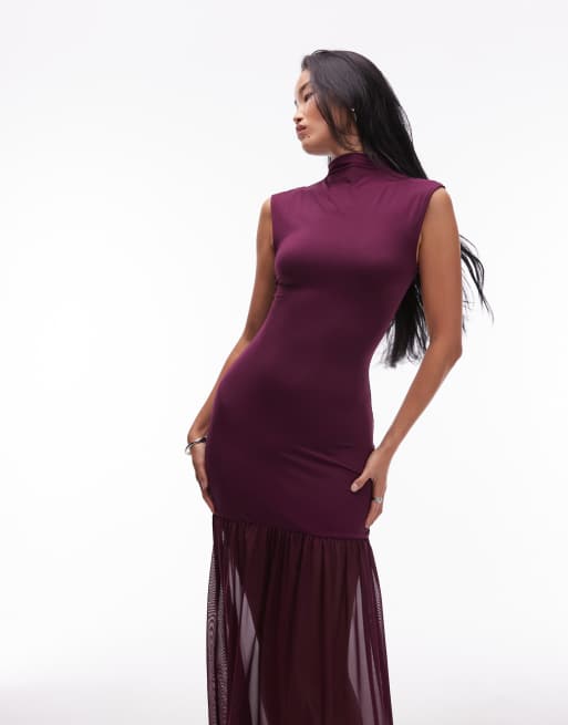 ASOS DESIGN – Maxikleid aus Mesh in Feigenlila mit tief angesetzter Taille und Stehkragen, 2 von 4