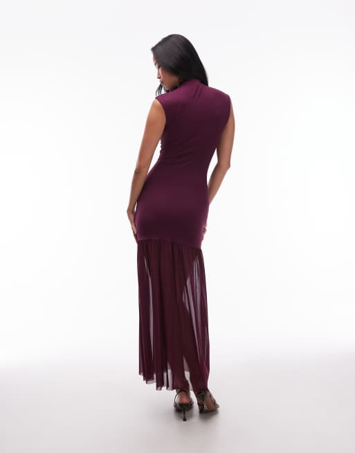 ASOS DESIGN – Maxikleid aus Mesh in Feigenlila mit tief angesetzter Taille und Stehkragen, 3 von 4