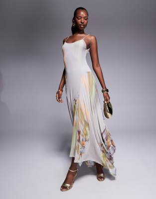 ASOS DESIGN - Maxikleid aus Mesh mit Blumenmuster in verschwommener Optik und U-Ausschnitt-Bunt