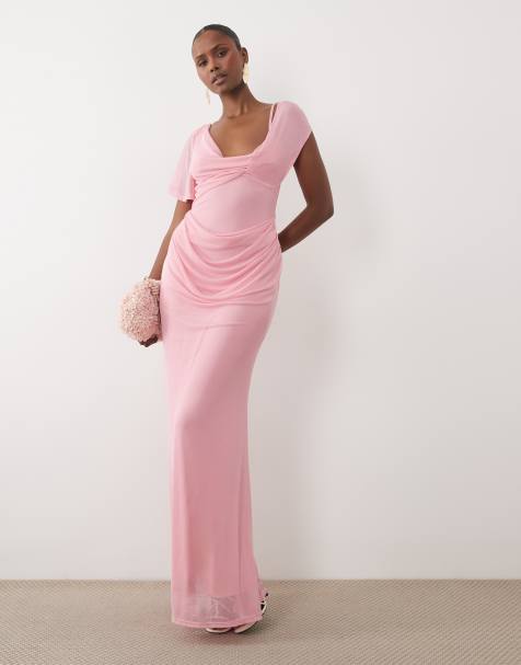 ASOS DESIGN Maxikleid aus Mesh mit Drapierung und asymmetrischem Ärmel in Pink - view 1