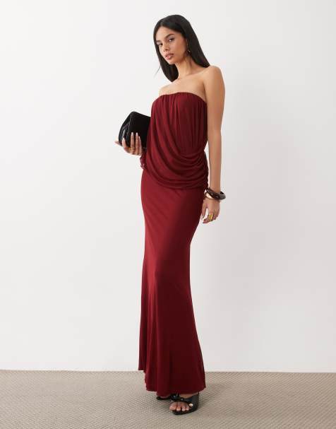 ASOS DESIGN Maxikleid aus Mesh mit Drapierung und Bandeau-Ausschnitt in Weinrot - view 1