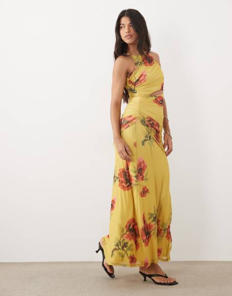 ASOS DESIGN Maxikleid aus Mesh mit eckigem Neckholder und asymmetrischer Raffung in gelbem und rotem Blumenmuster - view 1