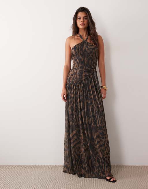 ASOS DESIGN Maxikleid aus Mesh mit Print, Knotendetail, Neckholder und Schärpendetail im Animal-Print, 2 von 4