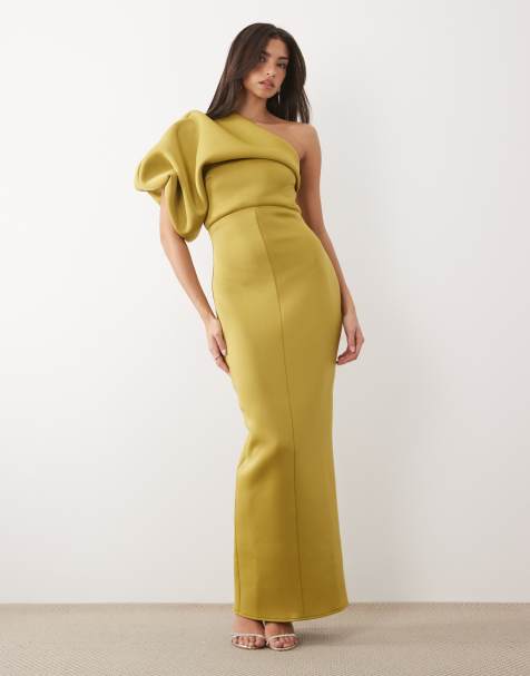ASOS DESIGN – Maxikleid aus neoprenartigem Material in Olivgrün mit gerafften Details und One-Shoulder-Träger - view 1