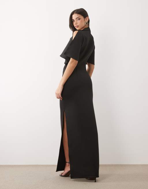 ASOS DESIGN – Maxikleid aus neoprenartigem Material in Schwarz mit Cape-Ärmeln und Schulterbesatz, 4 von 4