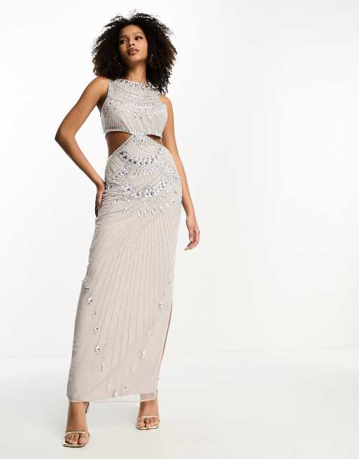 ASOS DESIGN – Maxikleid aus Netzstoff in Beige mit Schmuckstein-Verzierung, 4 von 4