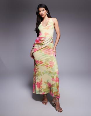 ASOS DESIGN - Maxikleid aus Netzstoff in Buttermilchgelb mit Blumen-Print, Schärpendetail in Wickeldesign und tiefem Aus...