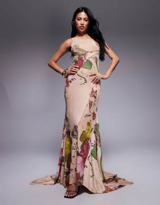 ASOS DESIGN - Maxikleid aus Netzstoff in Flieder mit One-Shoulder-Träger, sichtbaren Nähten, weitem Rocksaum und verschw...