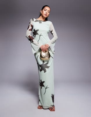 ASOS DESIGN - Maxikleid aus Netzstoff in Grün mit Blumenprint, tiefem Rückenausschnitt und Trompetenärmeln-Bunt