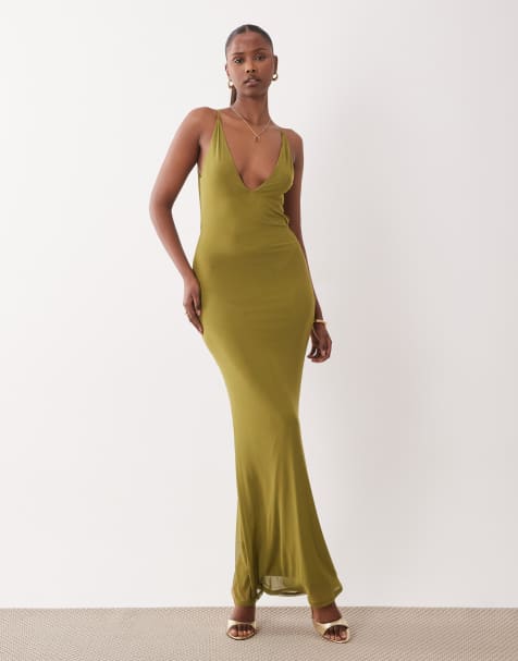 ASOS DESIGN – Maxikleid aus Netzstoff in Khaki mit supertiefem U-Ausschnitt - view 1
