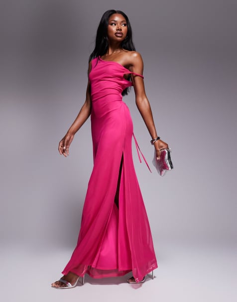 ASOS DESIGN – Maxikleid aus Netzstoff in Rosa mit verdrehter Schulterpartie und Schnürung hinten - view 1