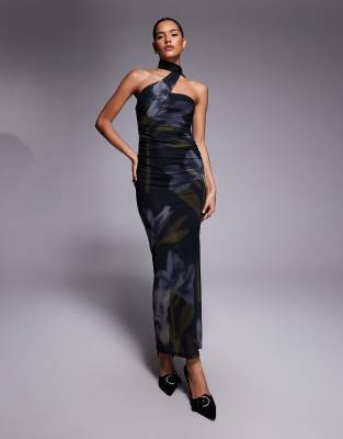 ASOS DESIGN - Maxikleid aus Netzstoff in Schwarz mit Schal-Detail und übergroßem Blumen-Print