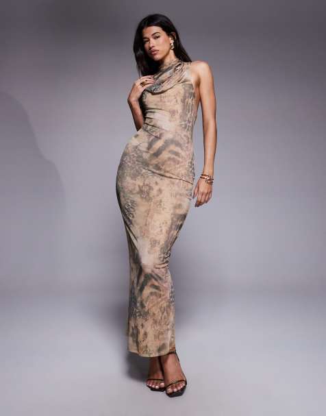 ASOS DESIGN – Maxikleid aus Netzstoff mit Animalprint-Mix und Wasserfallausschnitt mit Metallverzierung - view 1