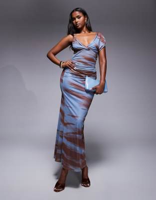 ASOS DESIGN - Maxikleid aus Netzstoff mit Animalprint und drapiertem Schulterteil-Bunt