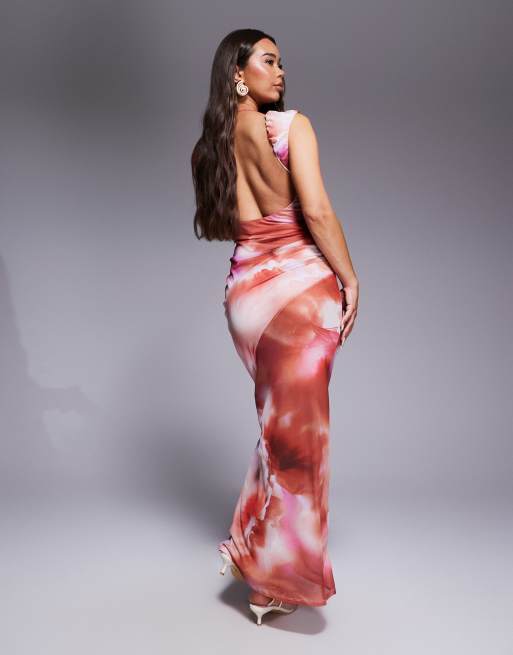 ASOS DESIGN – Maxikleid aus Netzstoff mit Kappärmeln, Rückenausschnitt und abstraktem Print, 2 von 4