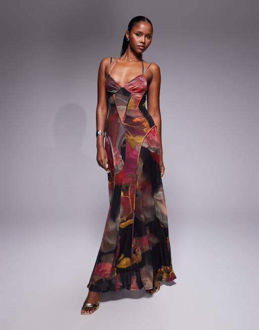 ASOS DESIGN – Maxikleid aus Netzstoff mit Nahtdetail und verschwommenem Blumenmuster