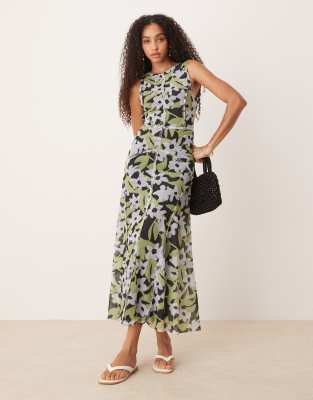 ASOS DESIGN - Maxikleid aus Netzstoff mit sichtbaren Nähten, dunklem Hintergrund und abstraktem Blumenmuster-Bunt