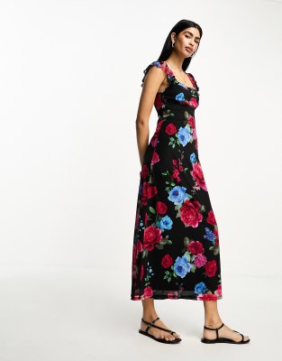 ASOS DESIGN - Maxikleid aus Netzstoff mit U-Ausschnitt, Rüschenärmeln und Blumenmuster-Schwarz