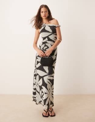 ASOS DESIGN - Maxikleid aus Netzstoff mit verdrehtem Detail an der Schulter und Blumenmuster-Bunt