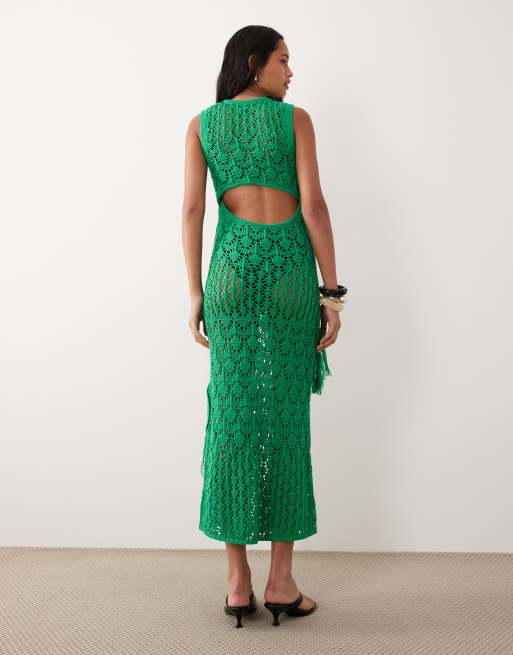 ASOS DESIGN – Maxikleid aus offenmaschigem Häkelstoff in Grün mit Patchwork-Design und Fransen, 4 von 4