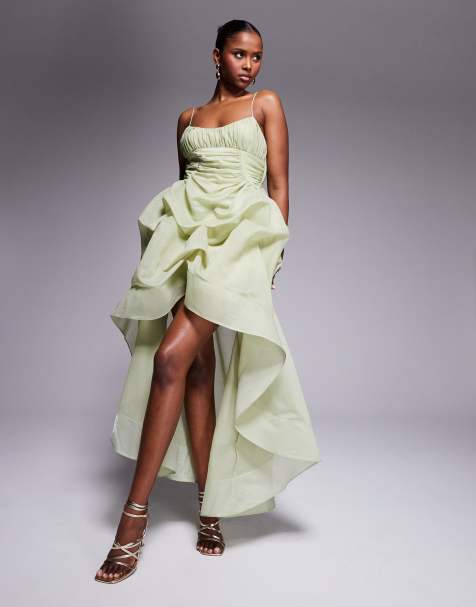ASOS DESIGN – Maxikleid aus Organdie in Salbeigrün mit drapiertem Rock und hinten längerem Saum - view 1