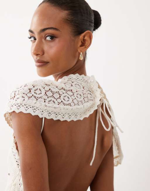 ASOS DESIGN – Maxikleid aus Patchwork-Häkelstoff in Cremeweiß mit verstreuter Perlen- und Strassverzierung, 4 von 4
