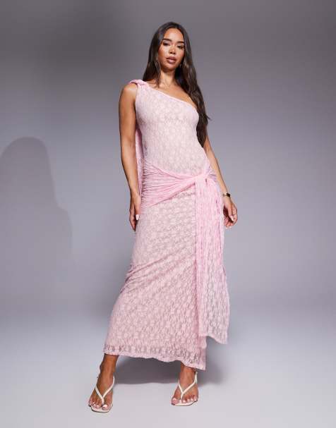 ASOS DESIGN – Maxikleid aus rosa Spitze mit One-Shoulder-Träger und geknotetem Rockdetail - view 1