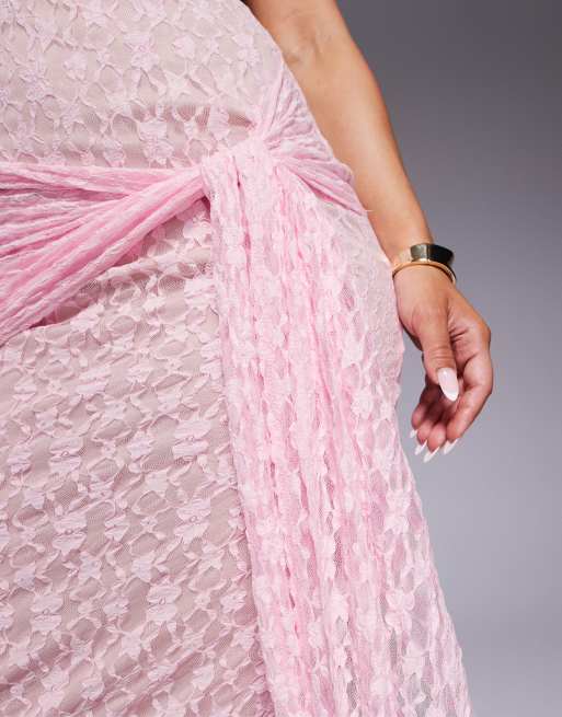 ASOS DESIGN – Maxikleid aus rosa Spitze mit One-Shoulder-Träger und geknotetem Rockdetail, 3 von 4