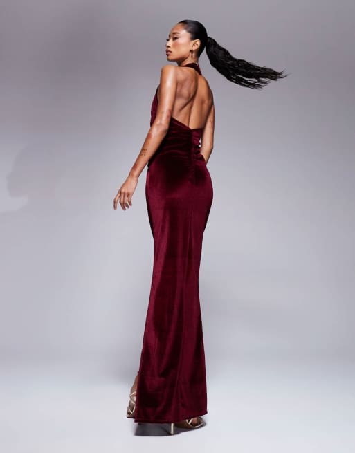 ASOS DESIGN – Maxikleid aus Samt in Burgunderrot mit verdrehter Vorderseite und tiefem Ausschnitt, 4 von 4