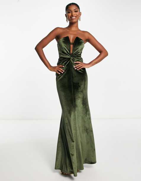 ASOS DESIGN – Maxikleid aus Samt in Olivgrün mit Knotendetail vorn und tiefem V-Drahtausschnitt - view 1