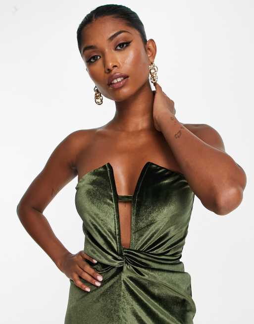 ASOS DESIGN Maxikleid aus Samt in Olivgrun mit Knotendetail vorn und tiefem V Drahtausschnitt