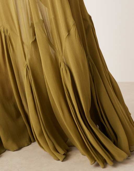 ASOS DESIGN – Maxikleid aus Samt in Olivgrün mit tiefer Taille und transparentem Godet-Rock, 3 von 4
