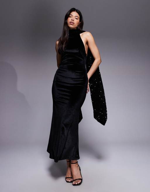 ASOS DESIGN – Maxikleid aus Samt in Schwarz mit Rückenausschnitt und Pailletten-Schaldetail, 4 von 4