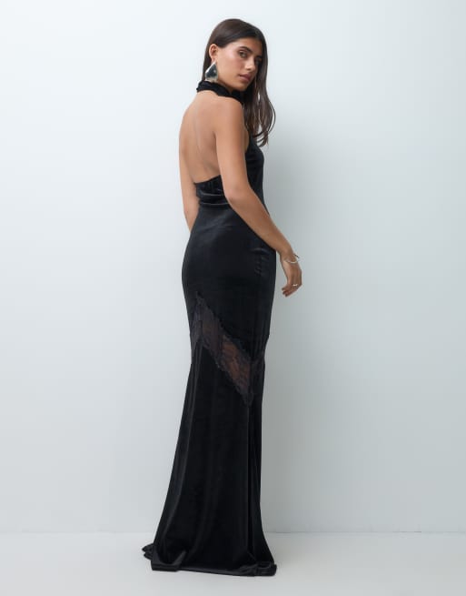 ASOS DESIGN Maxikleid aus Samt mit hohem Kragen und Spitzeneinsatz in Schwarz, 5 von 5