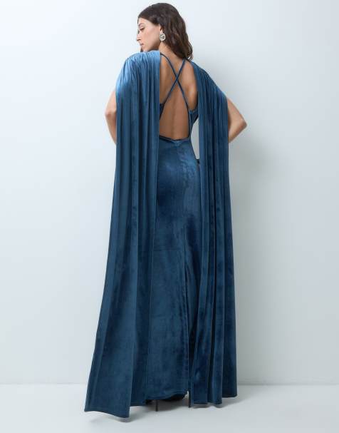 ASOS DESIGN Maxikleid aus Samt mit Schal-Drapé in Blau - view 1