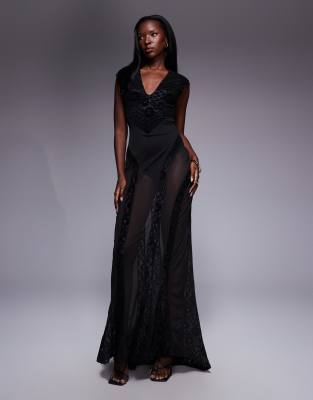 ASOS DESIGN - Maxikleid aus Samt und Spitze in Schwarz mit tiefem Ausschnitt, transparentem Rock und tiefem Rückenaussch...
