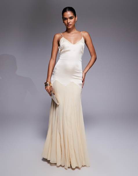 ASOS DESIGN – Maxikleid aus Satin-Chiffon-Mix in Buttermilchgelb mit tiefer Taille und weitem Godet-Rock - view 1