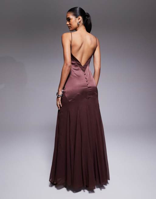 ASOS DESIGN – Maxikleid aus Satin-Chiffon-Mix mit tiefer Taille und weitem Godet-Rock, 3 von 4