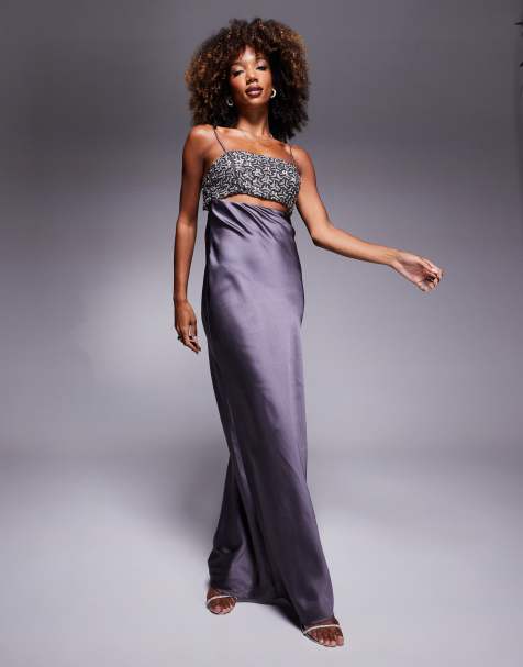 ASOS DESIGN – Maxikleid aus Satin in Anthrazit mit verzierter Brustpartie - view 1