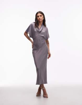 ASOS DESIGN - Maxikleid aus Satin in Grau mit asymmetrischem Wasserfallausschnitt
