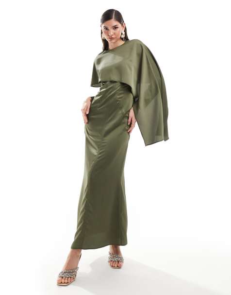 ASOS DESIGN – Maxikleid aus Satin in Khaki mit Overlay und Nahtdetails - view 1