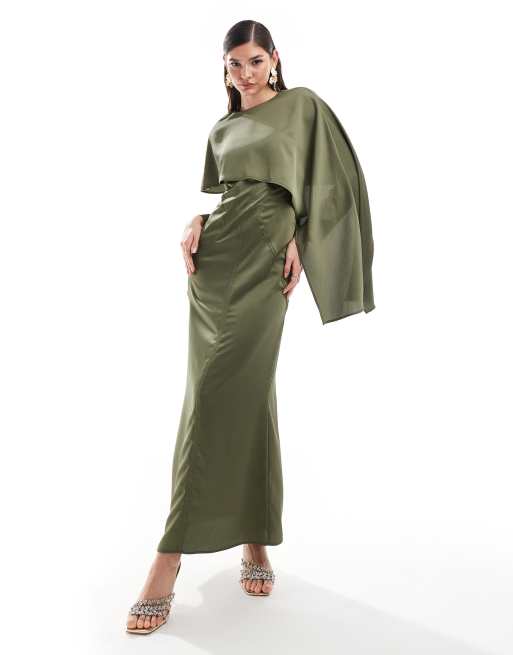 ASOS DESIGN – Maxikleid aus Satin in Khaki mit Overlay und Nahtdetails