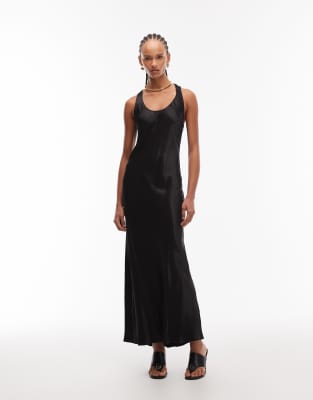 ASOS DESIGN - Maxikleid aus Satin in Schwarz mit U-Ausschnitt