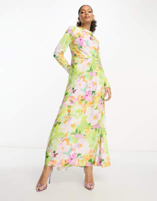 ASOS DESIGN - Maxikleid aus Satin mit Blumenprint in leuchtenden Farben, Wasserfallkragen und gerafftem Detail-Bunt