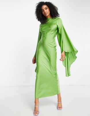 ASOS DESIGN - Maxikleid aus Satin mit extrem drapierten Ärmeln und offenem Rücken in Olivgrün