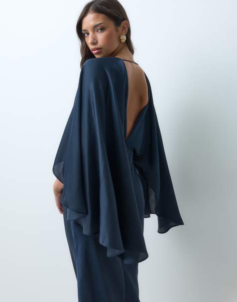 ASOS DESIGN Maxikleid aus Satin mit Fledermausärmeln, ausgestellt, schräg geschnitten, in Stahlblau - view 1