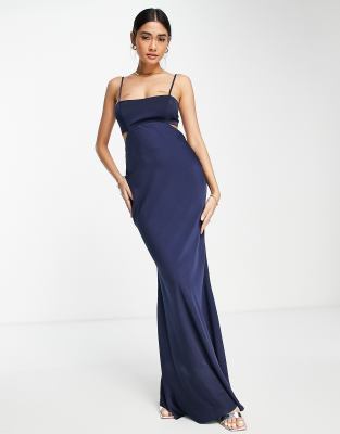 ASOS DESIGN - Maxikleid aus Satin mit Zierausschnitt und Bindedetail hinten-Marineblau